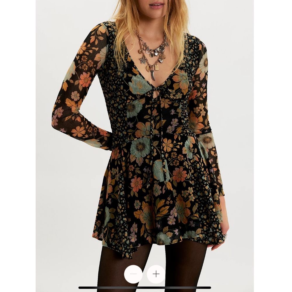 Free People Black Floral One-Shoulder Long-Sleeve Mini Dress